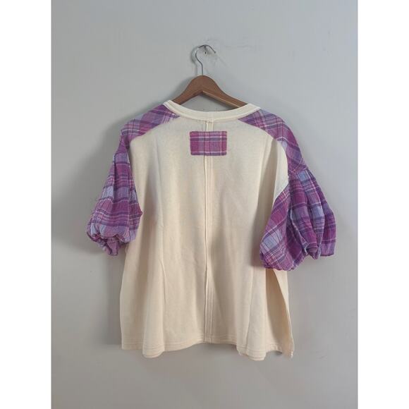 SAGE + FIG Peace Applique Patchwork Plaid Print Sleeves Oversized Boho Small - Picture 6 of 6